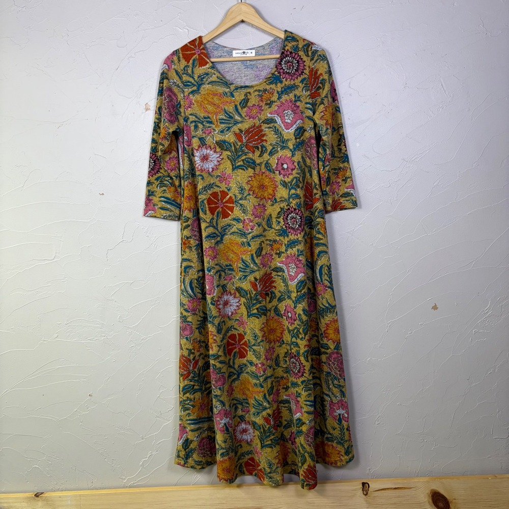 Natural Life Floral Knit Maxi Dress Women Size M Mustard Yellow 3/4 Sleeve Boho